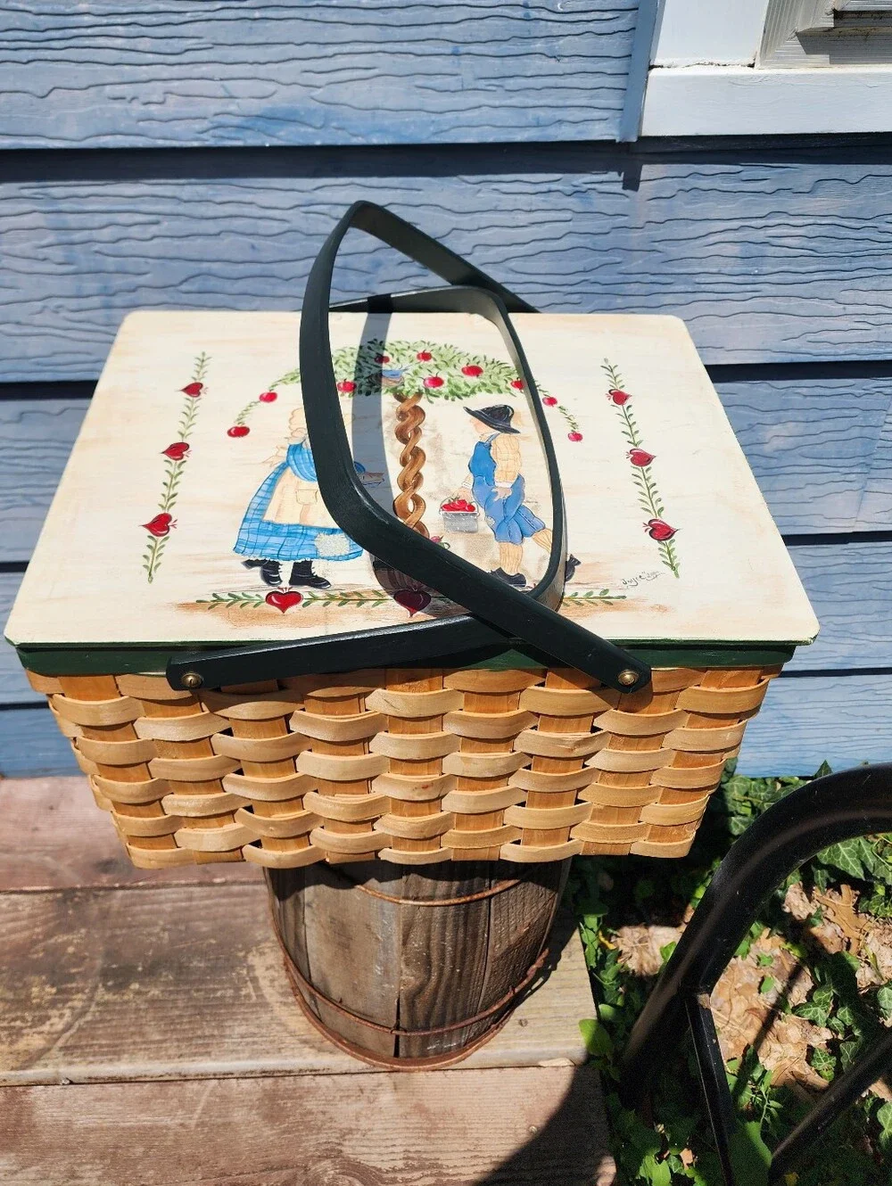 Vintage Tole Painted Woven Picnic Basket Wood Folk Artist Signed 2000 Rare HTF